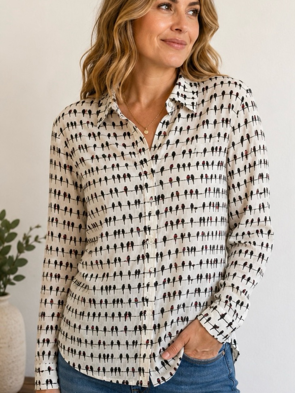 Jane and Delancey Cream Shirt with Black Bird Print - Picture 6 of 7